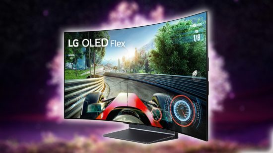 LG OLED Flex TV with blurred cherry tree backdrop
