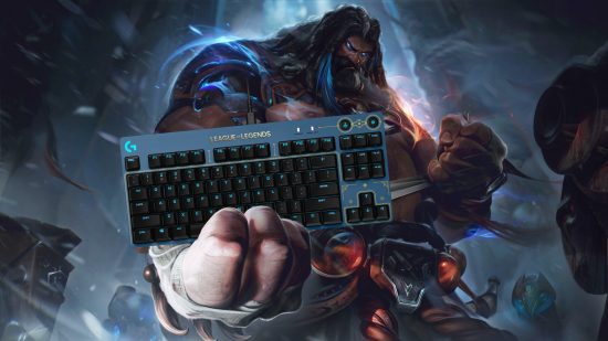 League of Legends Udyr holds a LoL branded keyboard