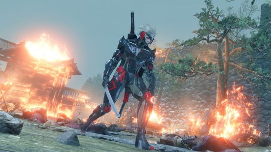 Sekiro mod lets you play as Raiden from Metal Gear Rising: A cyber ninja stands in front of a burning house, holding a katana