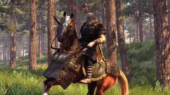 Mount and Blade 2 Bannerlord release date: Warrior with face paint sits atop a horse wearing armour and holding an axe