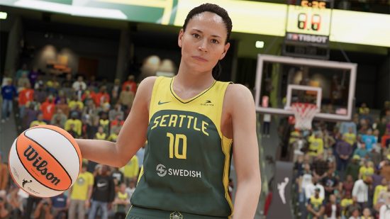 NBA 2K23 MyTEAM changes details, no more contracts and online co-op: A female basketball player dribbles the ball while looking at the camera
