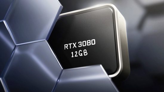 Nvidia GeForce RTX 3080 12GB GPU peeks out from behind some windows