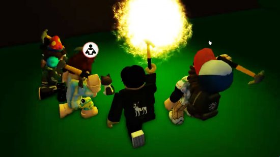 Robloxians use hammers to activate a portal in Brookhaven.
