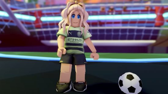 A Roblox avatar in Manchester City Third gear stands in front of a net with a football.
