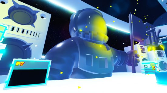 Roblox MTV VMA Experience: A large image of the iconic Moon Man on the stage in Roblox's VMA Experience.