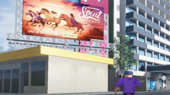 Roblox immersive advertising may come to the platform soon. The image shows a billboard advertising a movie within a Roblox game.