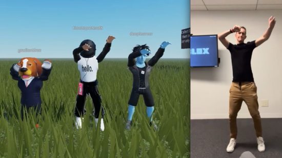 A still image from a video of a person dancing, paired with Roblox avatars performing the same action as an animation.