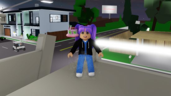 Roblox's metaverse: A female avatar stands on a balcony in the Roblox game Brookhaven.