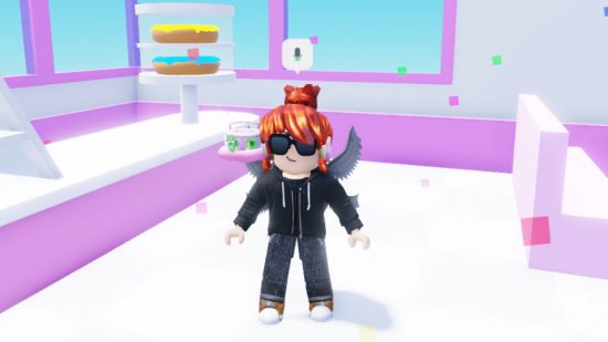 Roblox voice chat: An avatar stands in a virtual doughnut shop with a microphone icon above its head, indicating that the feature is active.