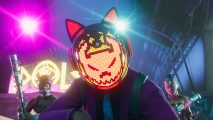 Saints Row review: an enemy looks at the player wearing a digital cat mask
