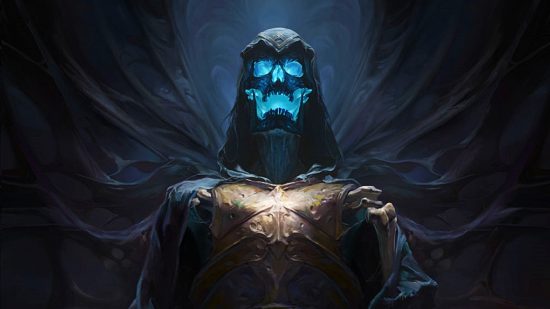 Diablo Immortal players demand server merges as clans struggle for PvP: Skull wearing a hood with blue light shining through stands central