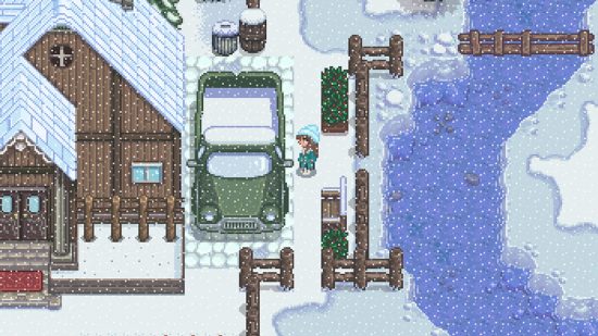 Stardew Valley mod redesigns outdoor areas, adds new places to explore: a small pixelated character stands in the snow, staring at a parked car