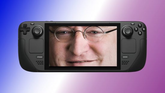 Steam Deck with Gabe Newell face on screen against a pink and blue backdrop