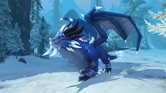 WoW Dragonflight Dungeons Preview: blue ice dragon stands in snow
