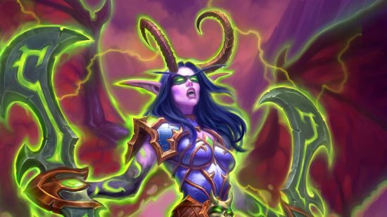 WoW World of Warcraft Dragonflight alpha Demon Hunter talent trees: a night elf demon hunter rages, glowing with fel power