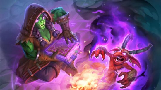 WoW World of Warcraft Dragonflight Warlock Feedback Changes: An orc warlock summons her first imp by the campfire