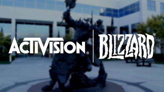 Activision Blizzard Albany union: The Activision Blizzard logo appears over a background showing the company's workplace