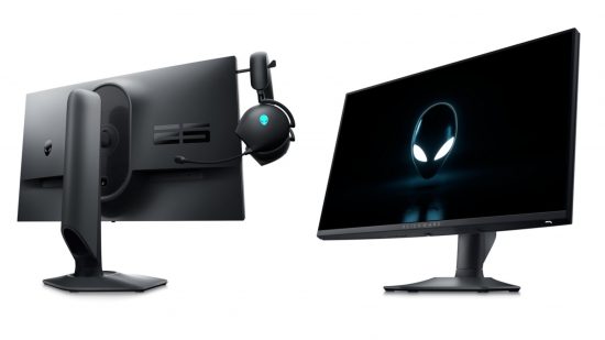 The Alienware AW2523HF gaming monitor rear (left) and front (right)