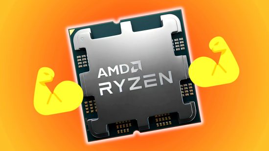 An AMD Ryzen 7000 CPU, flexing its emoji muscles (left and right) against an orange background