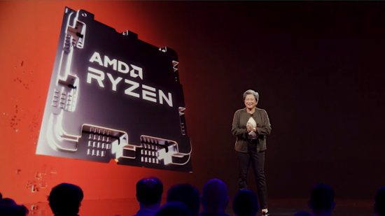An AMD Ryzen 7000 series processor (left) with Dr Lisa Su (right)