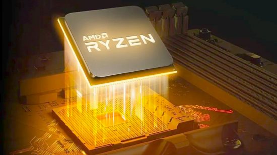 AMD Zen 4: Ryzen chip glowing as it enters motherboard socket