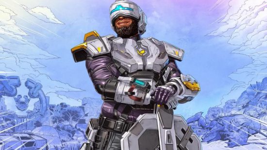 Apex Legends Newcastle buff: Newcastle stands against a snowy background wearing grey armor and holding a rifle