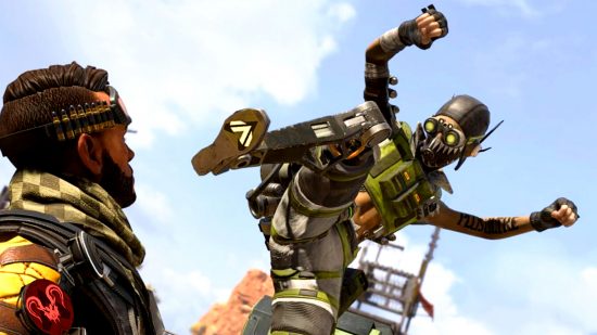 Apex Legends players turn to mob justice - Octane, with a gold ranking badge on his shoe, prepares to stomp on Mirage, who is wearing an Apex Predator rank badge