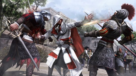 Assassin's Creed games will stay available: Ezio dispatches two armoured foes in Assassin's Creed Brotherhood