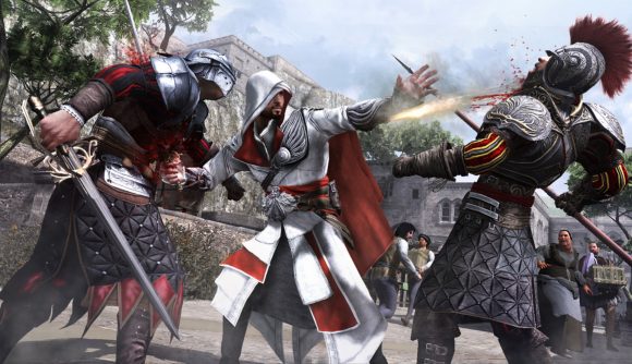 Assassin's Creed games will stay available: Ezio dispatches two armoured foes in Assassin's Creed Brotherhood