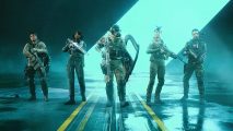 Battlefield 2042 specialists: Five soldiers, each with unique equipment, standing in a hangar bay lit with cyan light