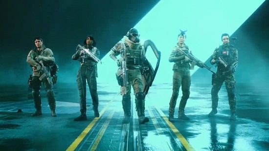 Battlefield 2042 specialists: Five soldiers, each with unique equipment, standing in a hangar bay lit with cyan light
