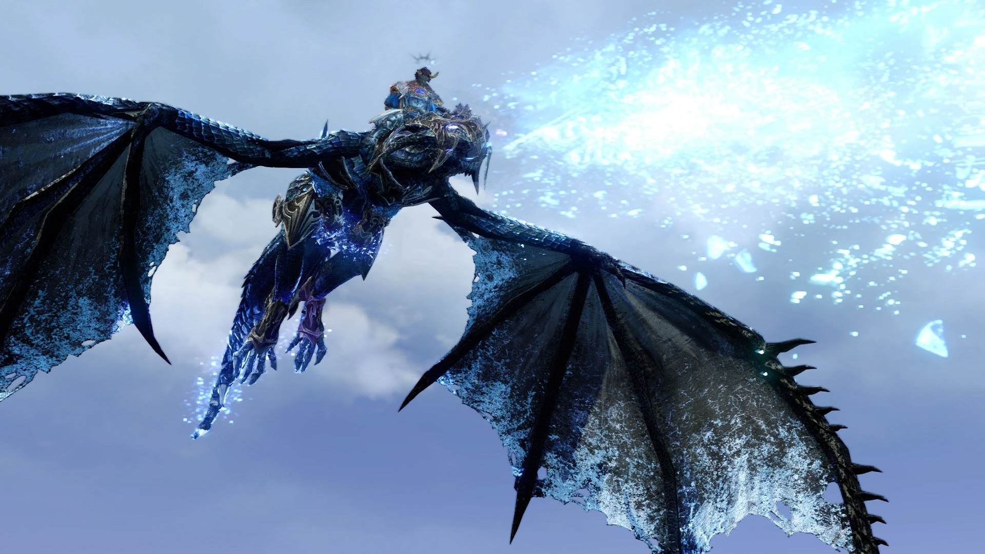 Best dragon games: ArcheAge. Image shows a dragon flying through the sky with a passenger on its back.