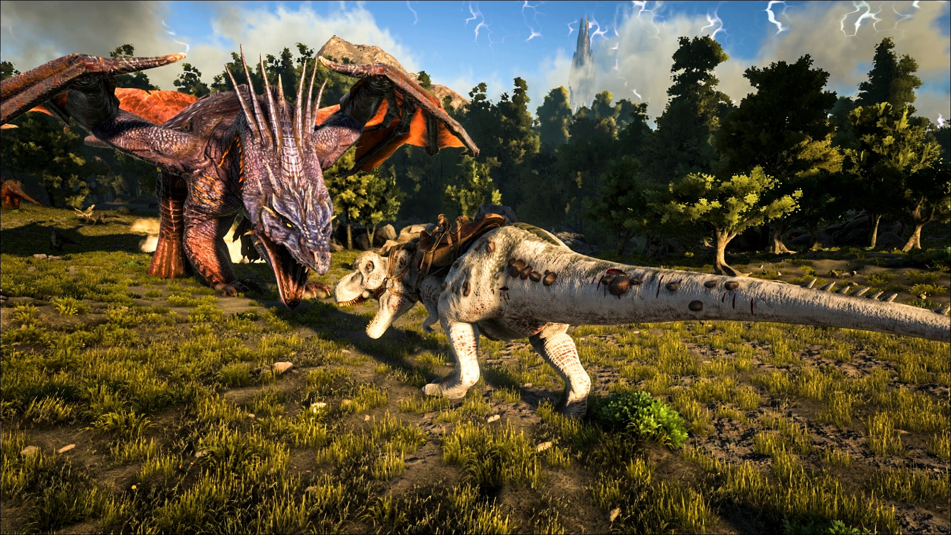 Best dragon games: Ark: Survival Evolved. Image shows a dragon and a T-rex near each other.