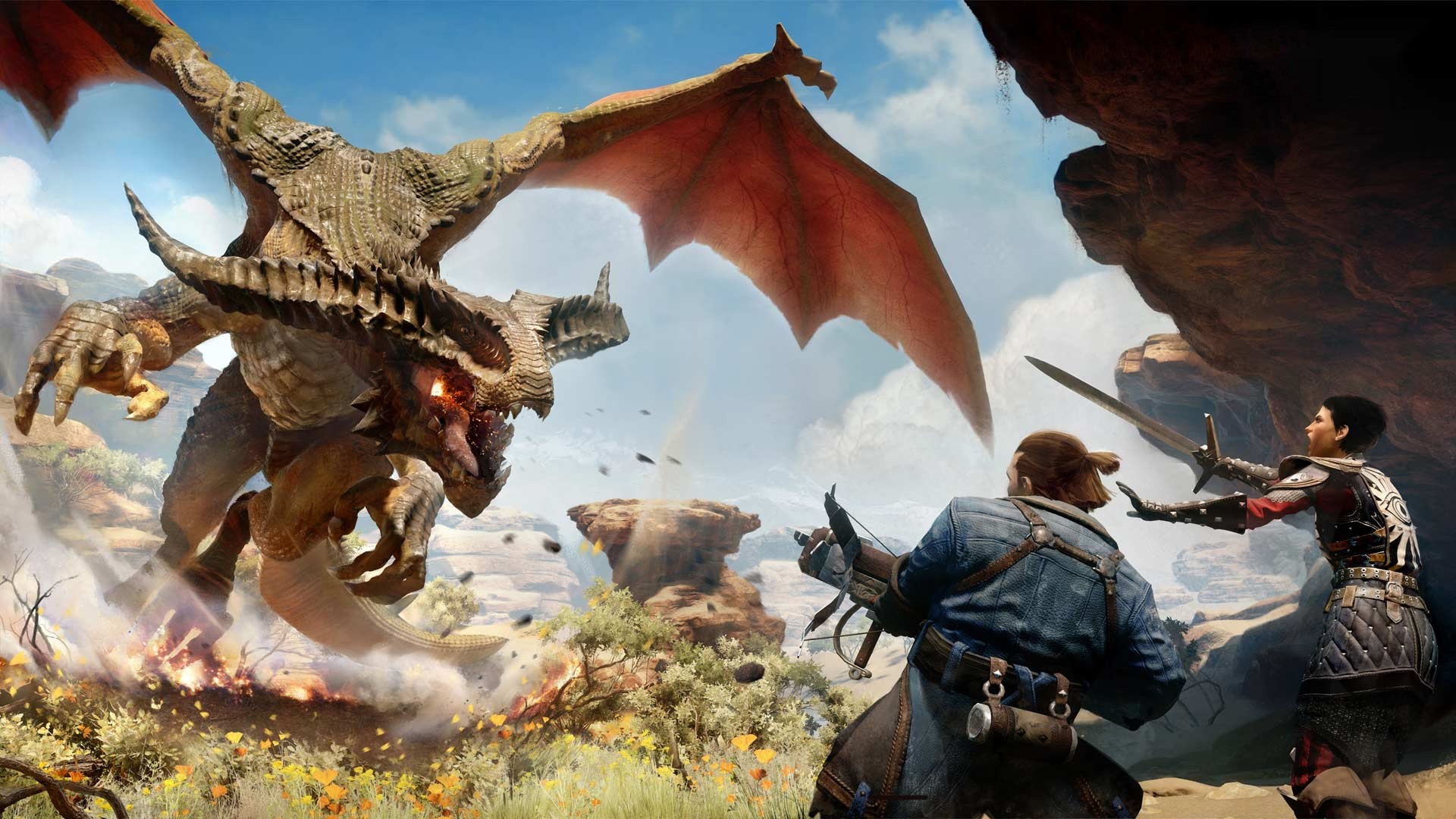 Best dragon games: Dragon Age Inquisition . Image shows two people fighting a dragon.