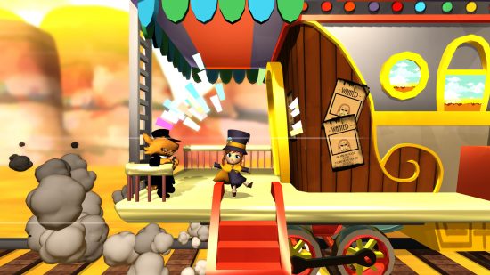 Best platform games: Hat Kid striking a pose on a colourful train that's chugging across the Old West as a passenger looks on in A Hat in Time.