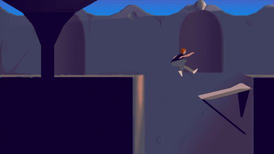 Best platform games: The player takes a huge leap across a chasm in Another World, limbs extended to reach an overhanging ledge.