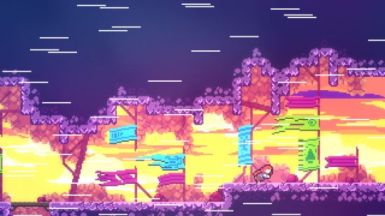 Best platform games: The wind sweeps through a cavern in Celeste, blowing back a series of colourful banners.