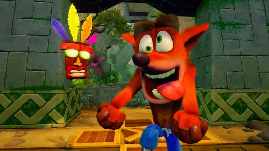 Best platform games: Crash pulls a wacky expression as Aku Aku cracks a grin after beating a tough level in the Crash Bandicoot N. Sane Trilogy.