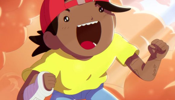 Best platform games: The protagonist of OlliOlli World as depicted in its trailer, wearing a red baseball cap turned backwards and sporting a cast on their arm, grinning in delight as they come face to face with the Skate Godz.
