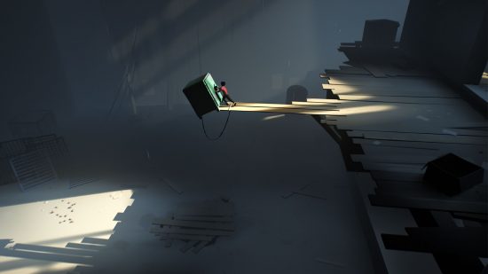 Best platform games: The child avatar from Inside, Playdead's spiritual successor to Limbo, pushing a safe over the edge of some scaffolding onto a concrete lower level.
