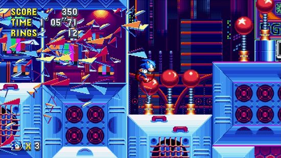 Best platform games: Sonic speeds through a neon bright level in Sonic Mania, bouncing on springs to traverse each platform.