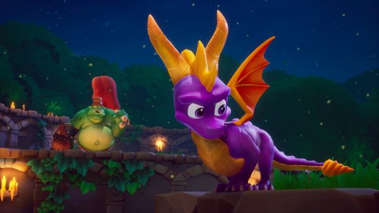 Best platform games: The fiery Spyro perched on a rock as a disgruntled gnorc looks on in a level of the Spyro Reignited Trilogy.