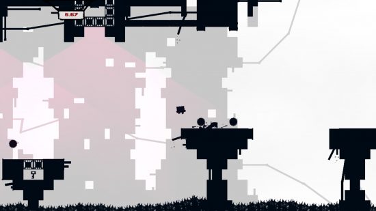 Best platform games: A black and white canvas of frustration in Super Meat Boy, depicting the eponymous protein child leaping over moving buzz saws on a platform overlooking a spike pit.
