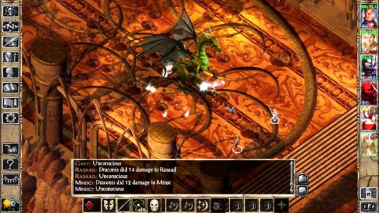 Best RPG games - a fight with a dragon in Baldur's Gate 2: Shadows of Amn. The floor is intricately designed like a mosaic.