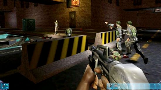 Best RPG games - some soldiers approach a roadblock at night in Deus Ex, shooting some people on the other side.