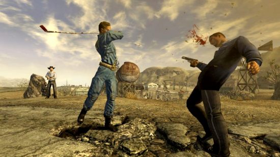 Best RPG games - a man swings a golf club violently in Fallout: New Vegas. Another man in a cowboy hat has a shotgun ready to fire.