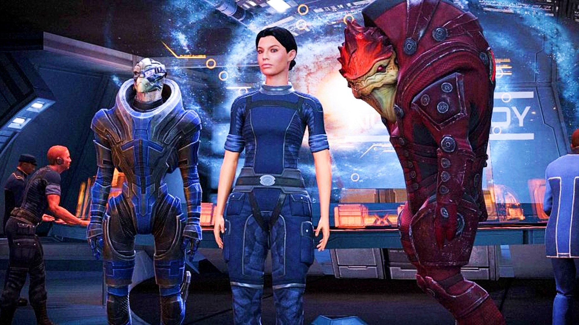 Най -добрите RPG игри: Mass Effect Legendary Edition. Изображението показва женско човешко стоене между две извънземни същества