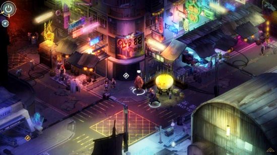 Best RPG games - a dark, rainbow-lit street at night in Shadowrun Hong Kong.
