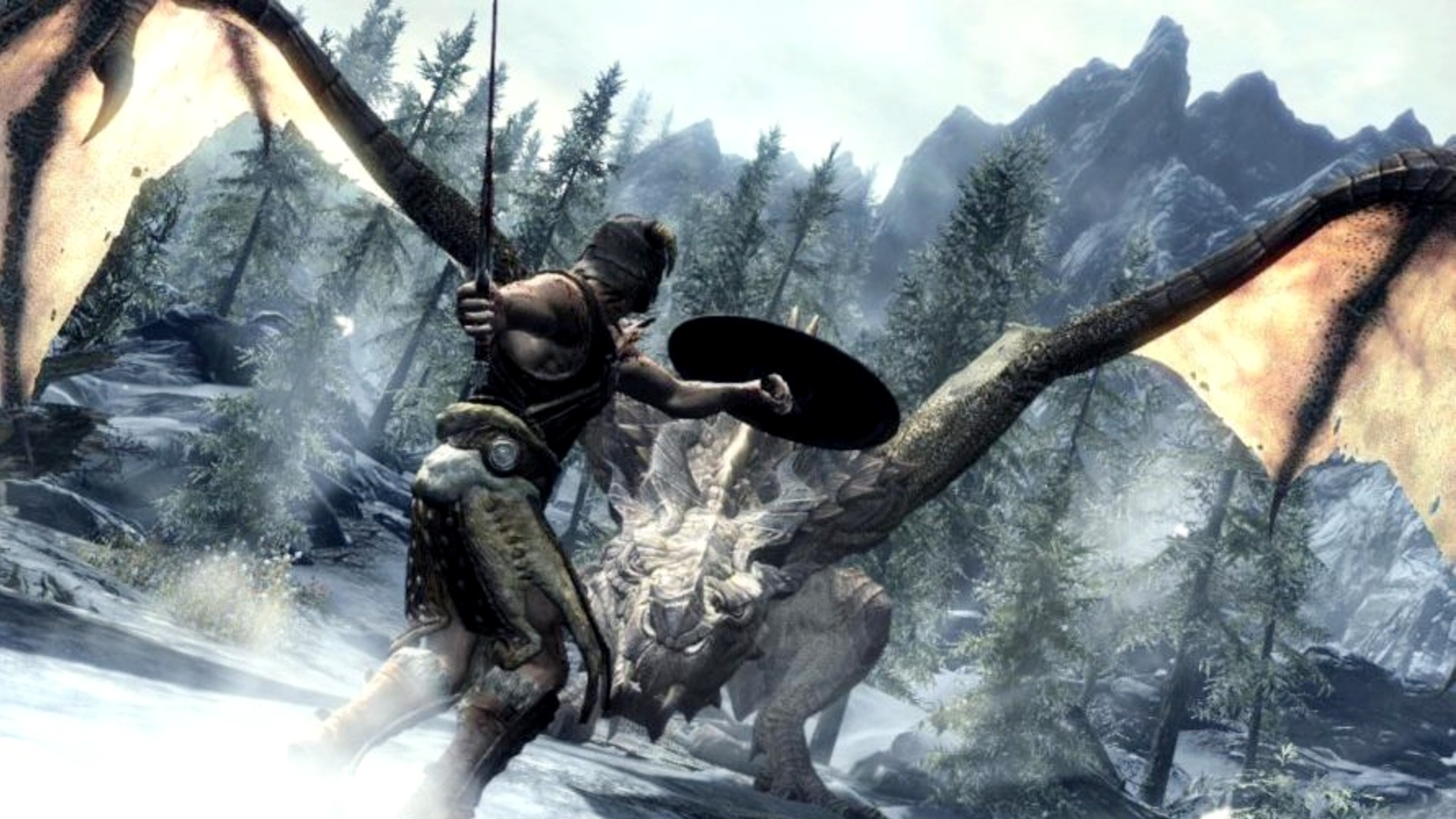 Best RPG games: Skyrim. Image shows someone getting ready to fight a dragon in a snowy environment.