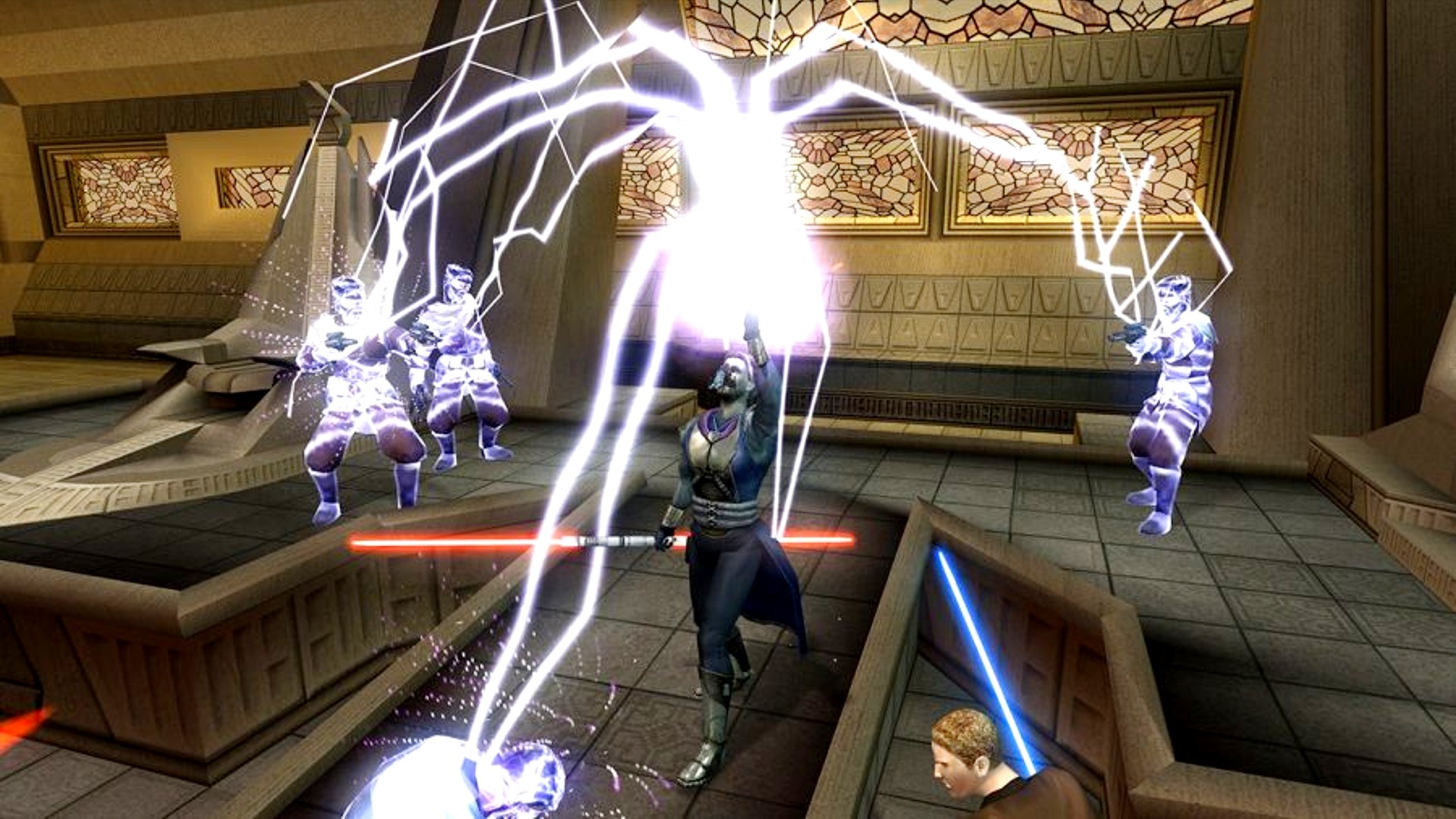 Най -добрите RPG игри: Междузвездни войни: Рицари на Старата република 2. Изображението показва джедаи, атакуващи два врагове със сила на мълния